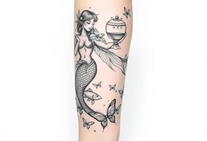 Aquarius goddess with mermaid tail Carrying  water bearer over her shoulder spilling water to the floor with a pisces fish in
Leading to butterflies 
Aries and virgo star signs tattoo idea