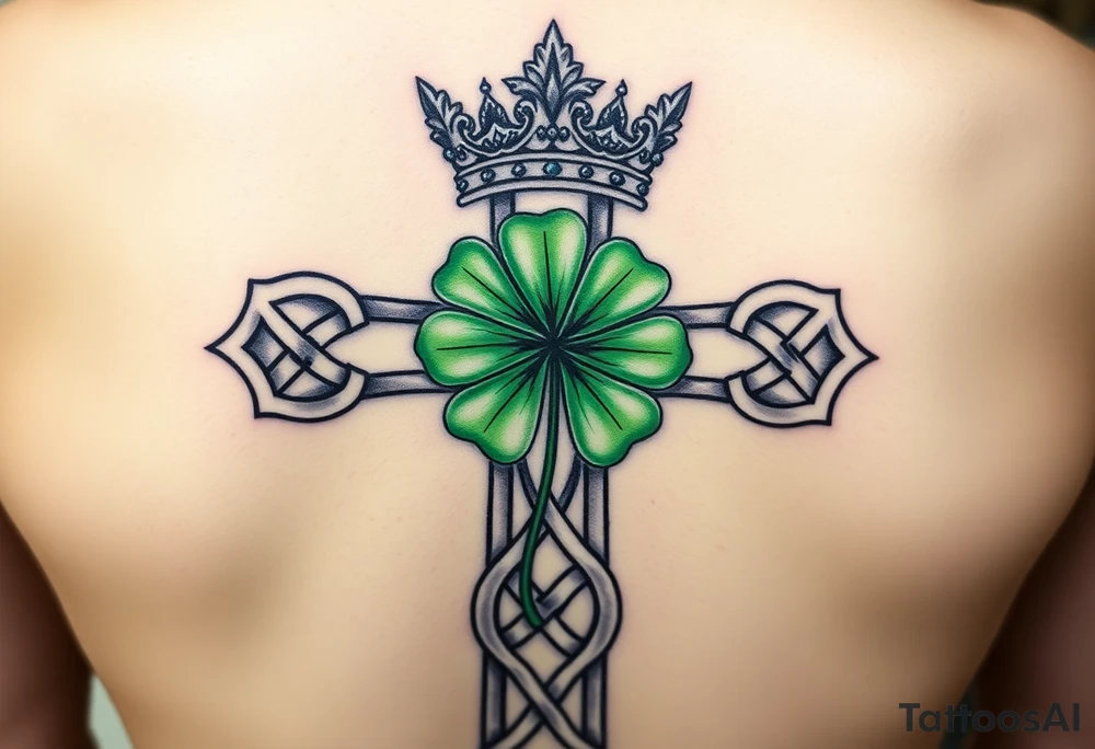 Celtic cross tattoo featuring intricate knotwork patterns along the arms and base of the cross. At the heart of the cross, place a vibrant four-leaf clover, its leaves shaded with subtle gradients of green, symbolizing luck and unity. Above the cross, incorporate a regal crown adorned with ornate details, such as small gemstones or filigree, to signify authority and strength. The entire composition should have a balanced, harmonious feel, with the textures and shading creating a sense of depth and dimension. Surround the design with a faint aura or subtle accents, like soft wisps of light, to add a spiritual and mystical quality tattoo idea