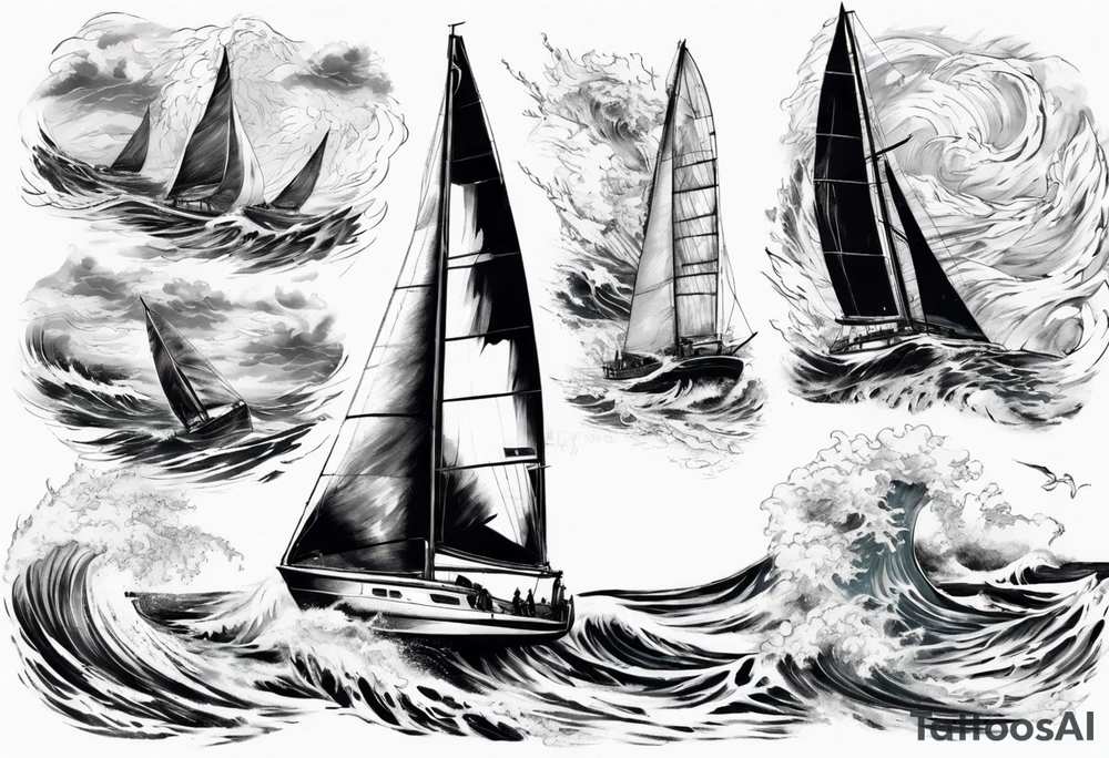 Sailing Catamaran in Rough weather and waves tattoo idea