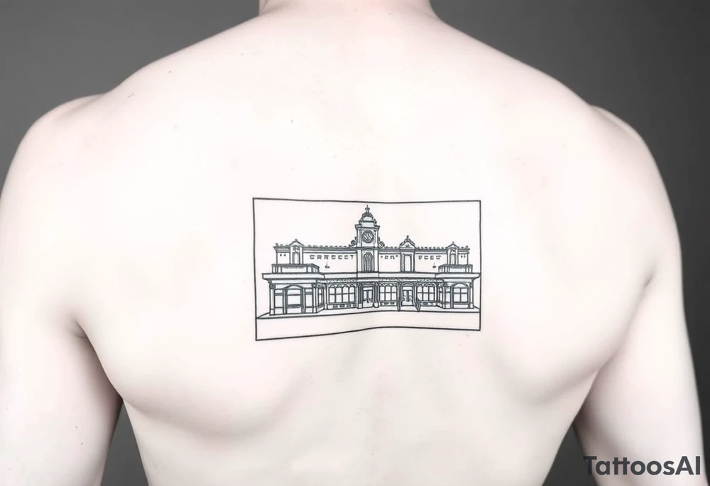 A Simple line drawing of flinders street station outlined in a portrait rectangle box on the bottom of the tricept above the elbow tattoo idea