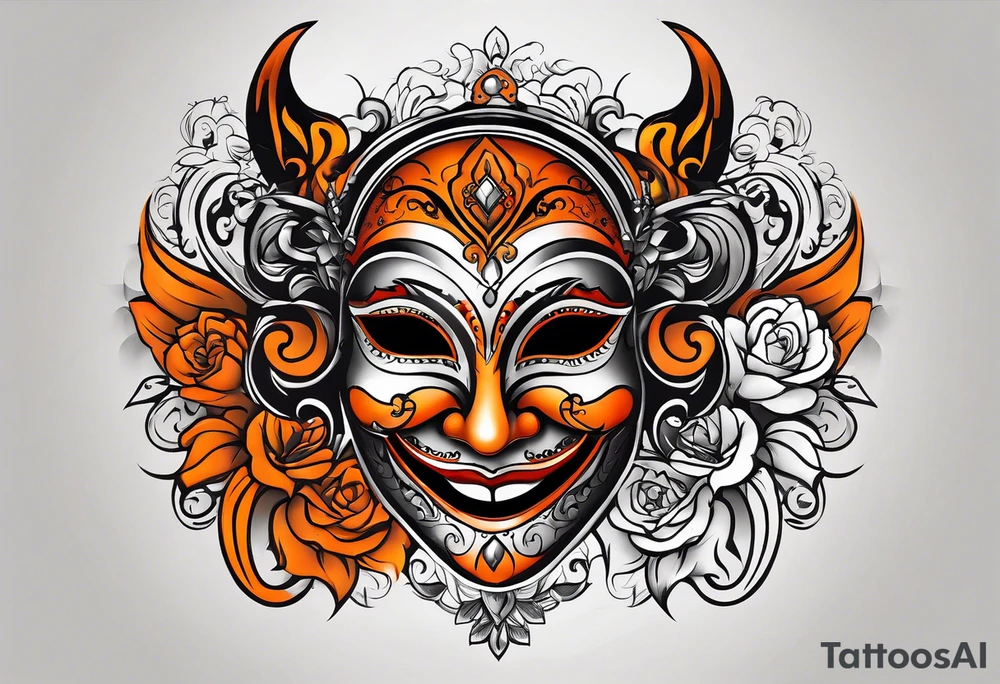 Laughing mask that is orange and black tattoo idea