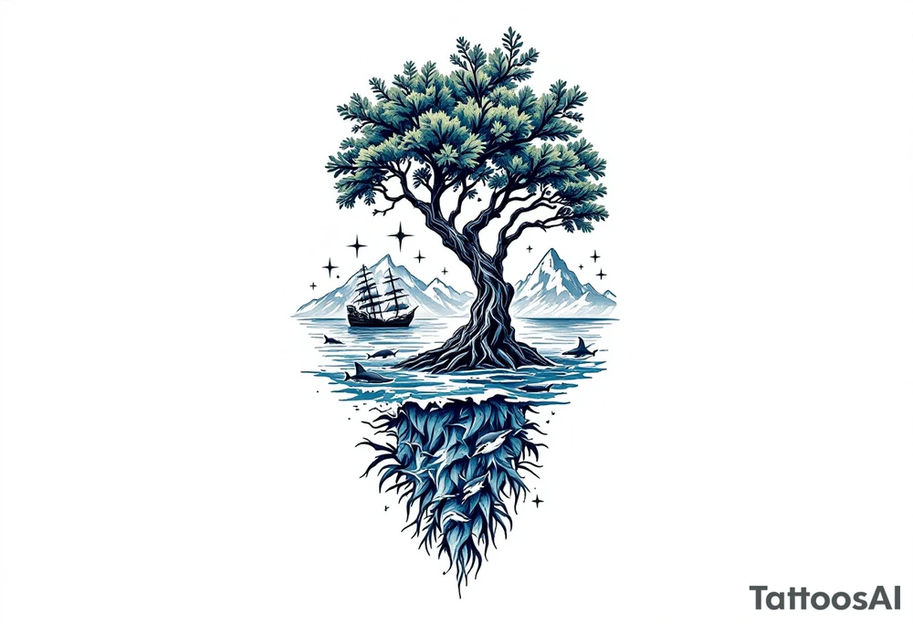 tattoo that has an acacia tree with forest mountains, ocean with a ship wreck with sharks and the bright northern star tattoo idea