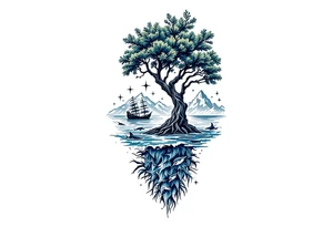 tattoo that has an acacia tree with forest mountains, ocean with a ship wreck with sharks and the bright northern star tattoo idea