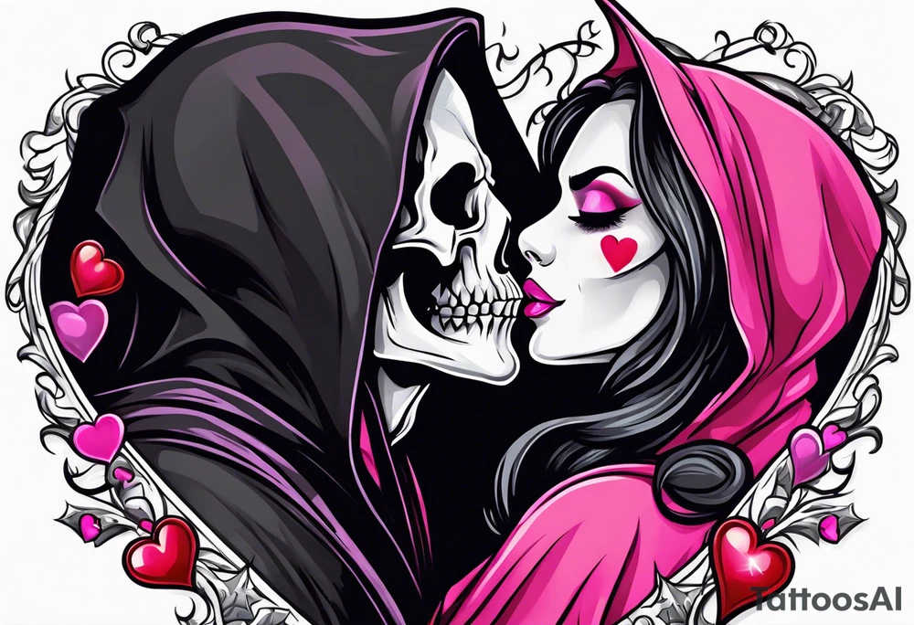 new school tattoo of a male grim reaper with black cloak kissing a female grim reaper in a bright pink cloak with small hearts in pink and red surrounding them tattoo idea