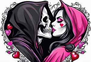 new school tattoo of a male grim reaper with black cloak kissing a female grim reaper in a bright pink cloak with small hearts in pink and red surrounding them tattoo idea
