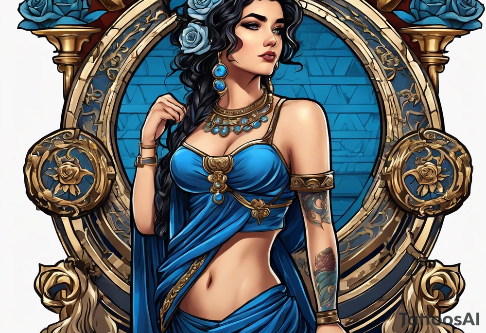 ancient rome clothes ,women,,ancient scale in one hand, blue rose frames, ladies justicia ,keeps  scale tattoo idea