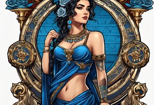 ancient rome clothes ,women,,ancient scale in one hand, blue rose frames, ladies justicia ,keeps  scale tattoo idea