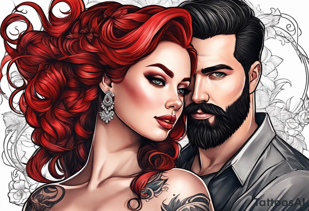 Busty red haired woman and a bearded man with black hair getting married tattoo idea