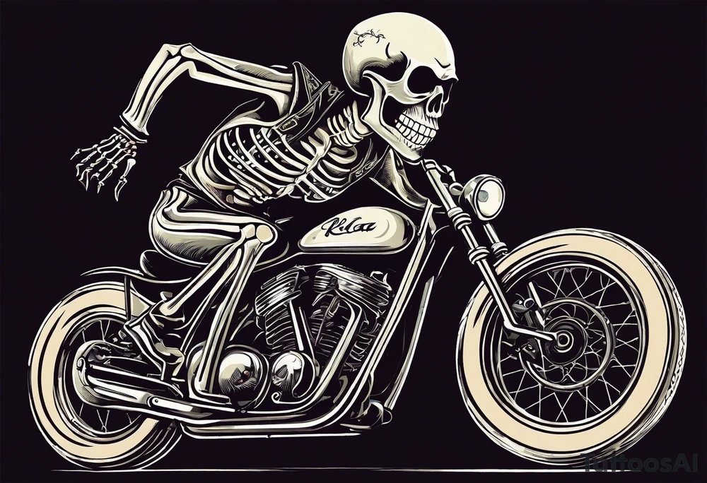 skeleton wearing 80s style licra and cap rides a road racing bicycle. The skeleton is grinning at the viewer. There is no background image tattoo idea