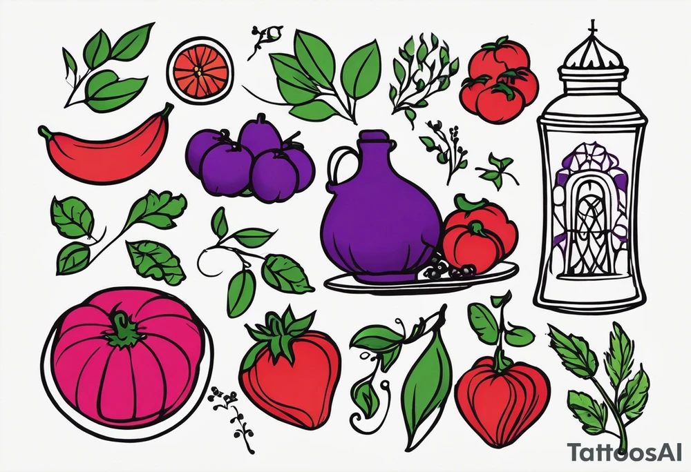 I'm looking for a tattoo design that beautifully reflects the essence of both my grandma. My grandma, a vibrant soul, adores the color purple and finds solace in her weekly visits to church and the bustling farmers' market. She would always help those people in the farmers market by buying their produce. tattoo idea
