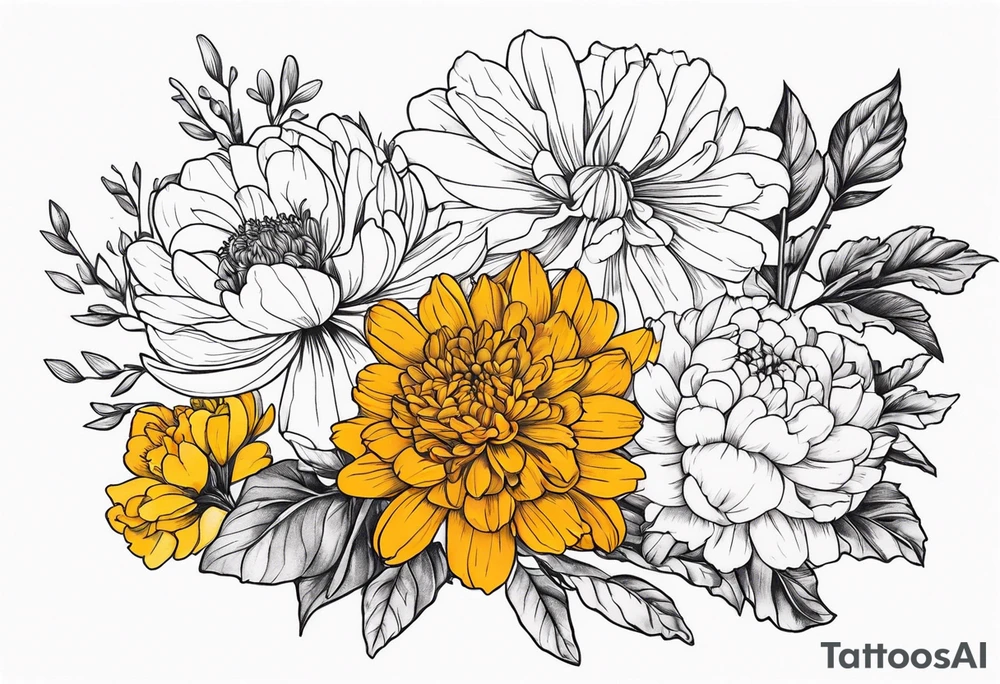 A stemless marigold, chrysanthemum, and
narcissus tattoo idea A stemless marigold, chrysanthemum, and
narcissus tattoo idea