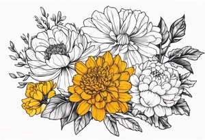 A stemless marigold, chrysanthemum, and 
narcissus tattoo idea