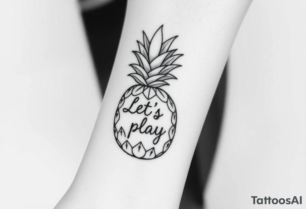 A black ink wrist tattoo featuring a realistic yet minimalistic pineapple. The pineapple is finely detailed with clean, precise lines, capturing the natural texture of the fruit while keeping the design subtle and uncluttered. Inside the body of the pineapple, the phrase "Let's play" is clearly placed in a bold but not overly thick font, ensuring readability while maintaining balance with the overall design. The leaves of the pineapple have a fine-line style with slight variations in thickness for a natural feel. The tattoo blends fine details with subtle bold elements, creating a clean and modern aesthetic. tattoo idea