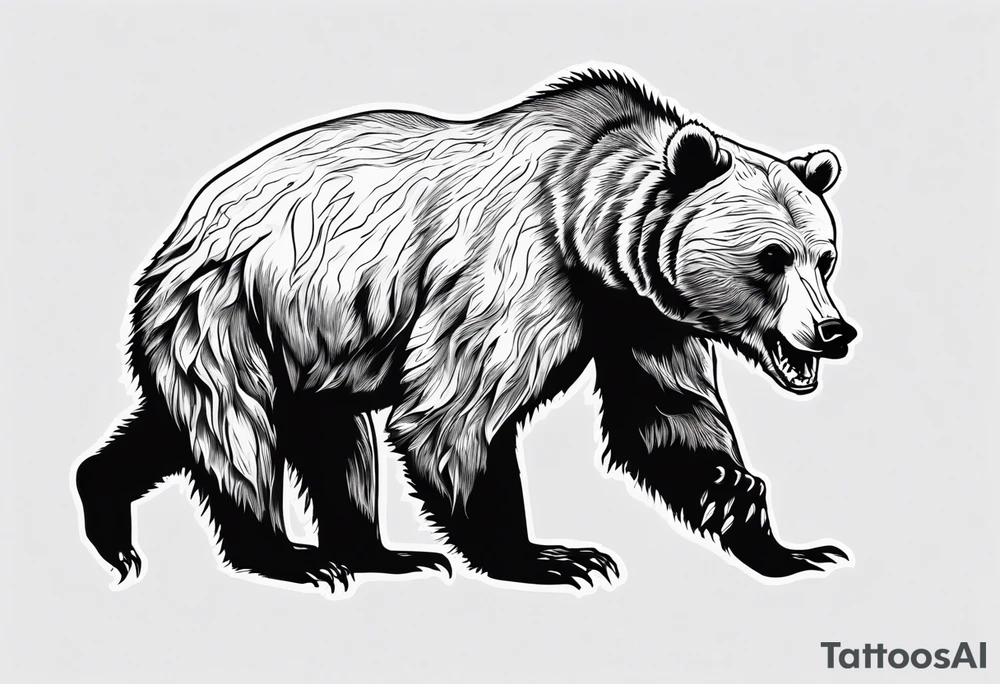 A transparent growling grizzly bear standing on hind legs and inside the bear a realistic depiction of the triglav mountain in slovenia and under the sea pounding the mountain. All inside the bear tattoo idea