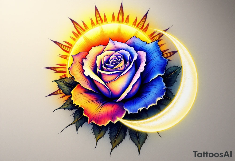 Behind the rose, a glowing golden sun with sharp rays extending outward, painted in warm yellows and oranges to create a vibrant, fiery aura around the flower. The sun symbolizes energy, life, and growth. The light from the sun subtly illuminates the rose, reflecting its warmth. On the opposite side of the rose, a soft silver crescent moon, painted in light silver with soft blue highlights, casting a gentle glow over the rose. The moon represents calm, serenity, and the quieter aspects of love. The moon’s soft glow balances the brightness of the sun, symbolizing the balance between day and night. tattoo idea