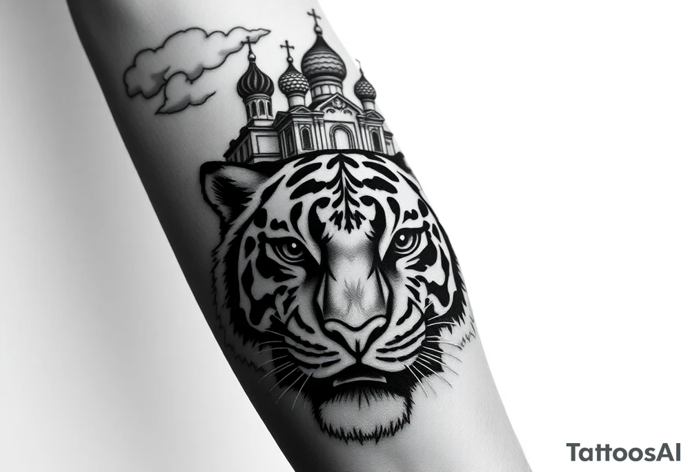 Realistic tiger face on the back of the hand with its eyes ALL black and no pupils, sitting beneath a Russian Orthodox cathedral sitting above on the top fore arm with onion domes and orthodox crosses. with clouds above and a virgin mary tattoo idea