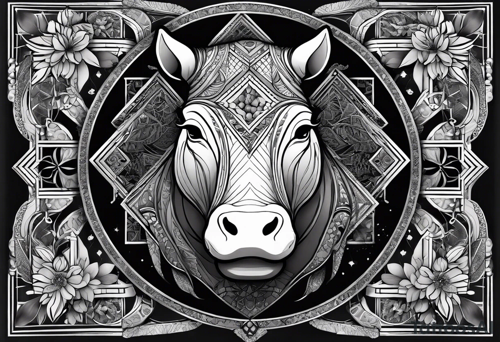 Very asymmetrical, +geometric pattern, with realistic full moon, with hippo,+tribal, +geometric, +inkart , +blackwork, +grey scale, + sketch
with wintersweet flower bud, +for men, detailed layering , modify from my favourites , dont look like a cow tattoo idea