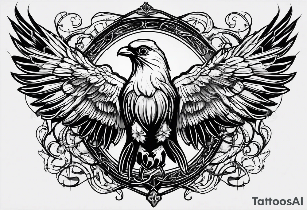 A tattoo that states pain and discipline to achieve your goals in life. it should be placed on the upper back and should express also catholic religion, with pigeon, eagle and thorns tattoo idea