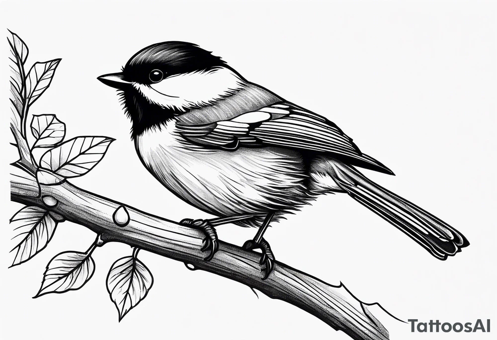 Illustrate a tattoo of a chickadee perched on a twig, focusing on clean lines and minimal detail for an understated design tattoo idea