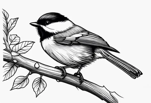 Illustrate a tattoo of a chickadee perched on a twig, focusing on clean lines and minimal detail for an understated design tattoo idea