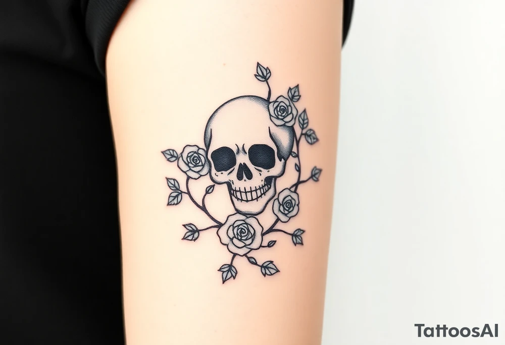 gothic skull intertwined with climbing roses and thorny vines tattoo idea