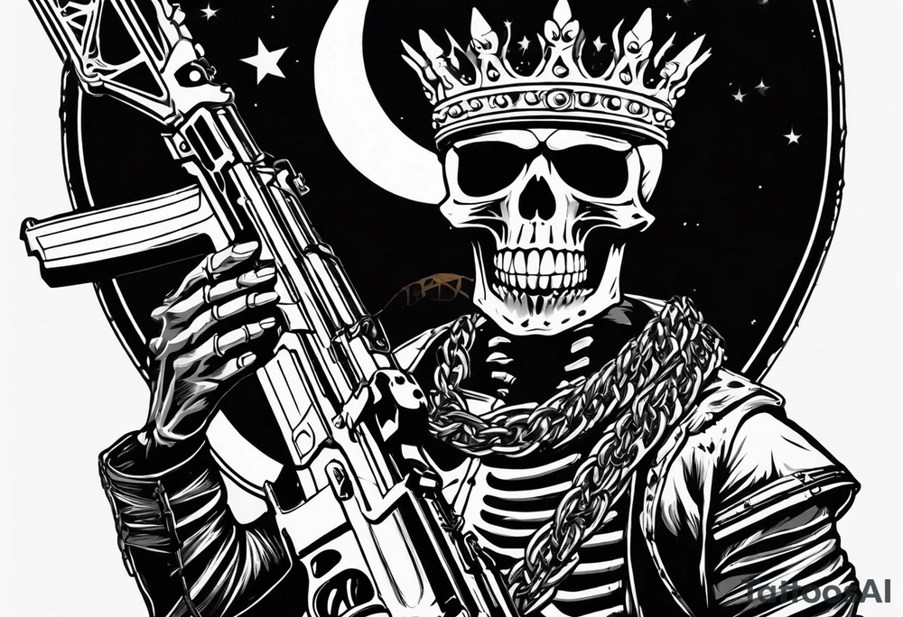 image of a skeleton standing frontally with a crown on his head, holding an AK-47 on his shoulder with his right hand. The chain on the left should be taut, there are three angry barking Dobermans in it, near the waist tattoo idea