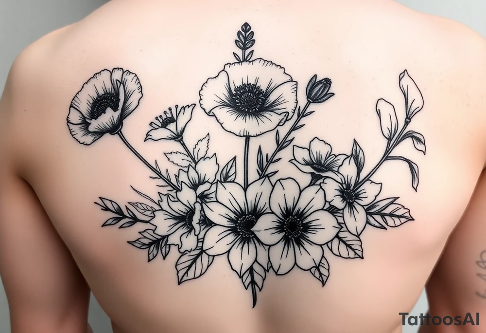 poppy, gladiolus, holly, narcissistic, poinsettia, daisy, and sweet pea tattoo idea