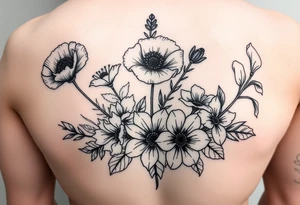 poppy, gladiolus, holly, narcissistic, poinsettia, daisy, and sweet pea tattoo idea