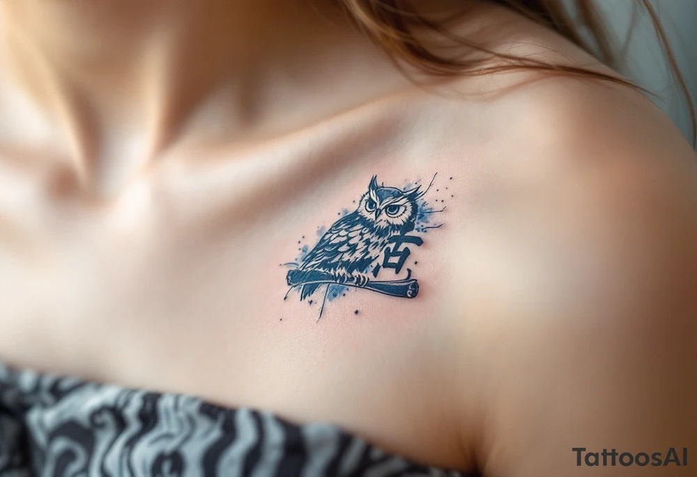 智 (zhì, “wisdom”) in navy blue ink is matched with an owl or scroll to symbolize clarity and knowledge. tattoo idea