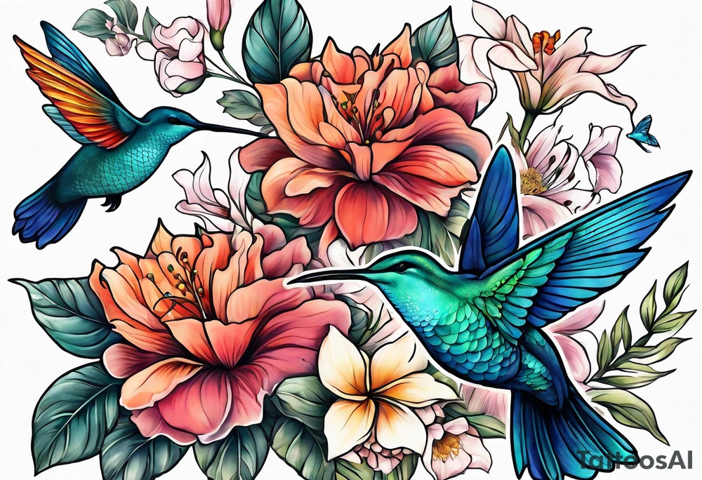 flowers, bold color, collage, blue whale, hummingbird tattoo idea