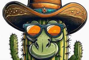 Saguaro cactus with two arms and a clever face, wearing an orange cowboy hat, wearing sunglasses, and a cigarette dangling from his mouth tattoo idea