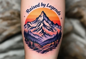 A mountain landscape in dusky purples and oranges with “Raised by Legends” above it. tattoo idea