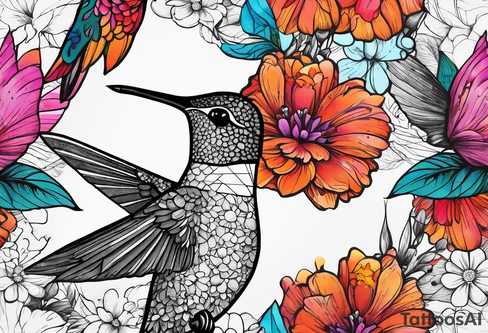 hummingbird, lady face, flowers, bold color, collage, pink, orange, red, hot air balloon tattoo idea