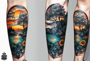 Small inside arm tattoo. Black kite (Daya's name), nature (trees/sea), rock/metal vibe, small sunflower. tattoo idea