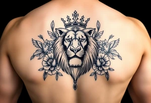 stencil of powerful majestic lion with a crown, surrounded by floral ornaments and birds tattoo idea