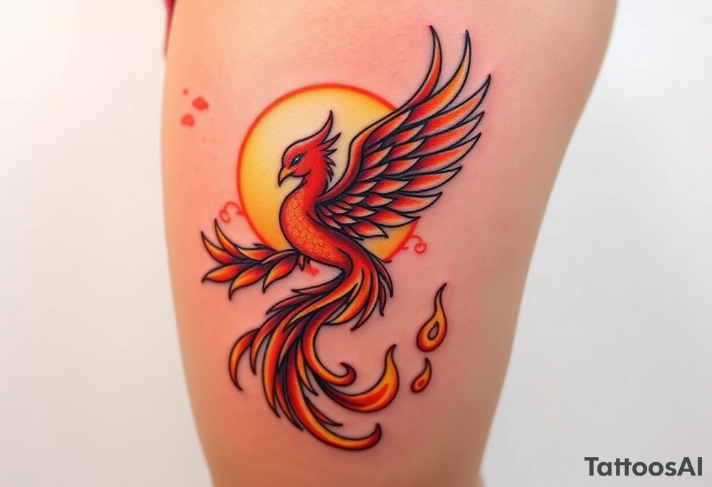 magnificent  phoenix rising from flames with trailing embers  and golden sunset and sky with puffy clouds and heaven backdrop pinks reds orange and yellows and golds with sparkles tattoo idea