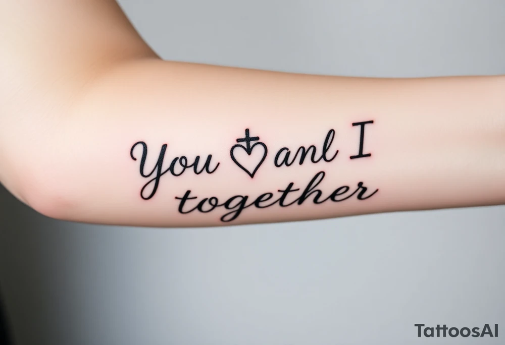 "You and I together" with a cross, a and a heart integrated into the design tattoo idea