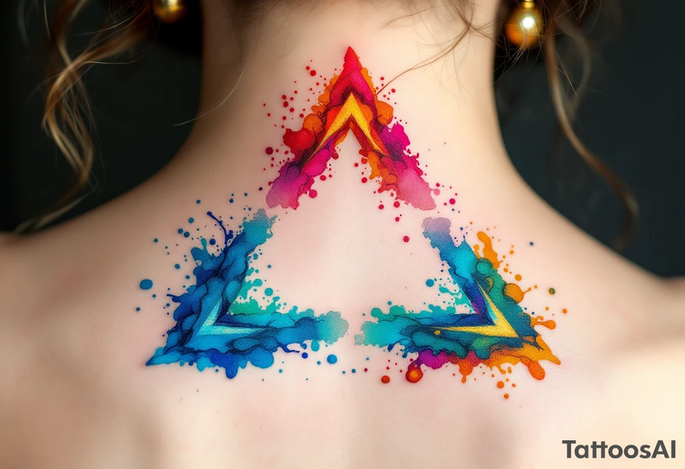 Words arranged in a triangle, each corner marked with a watercolor splash—rose red, ocean blue, and golden yellow. tattoo idea