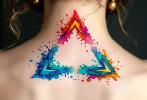 Words arranged in a triangle, each corner marked with a watercolor splash—rose red, ocean blue, and golden yellow. tattoo idea