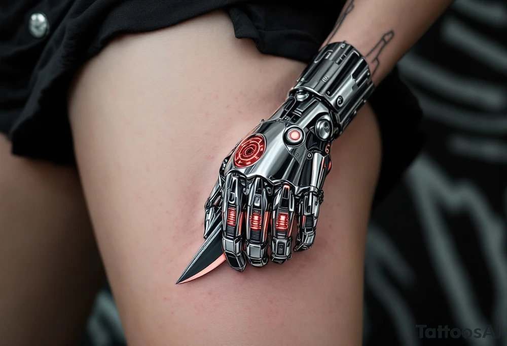 A chrome-plated robotic hand clutching a gleaming silver scythe with glowing red circuitry running up its fingers. tattoo idea