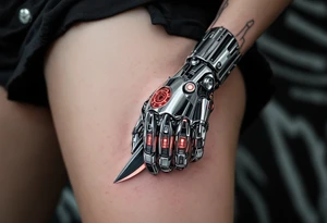 A chrome-plated robotic hand clutching a gleaming silver scythe with glowing red circuitry running up its fingers. tattoo idea