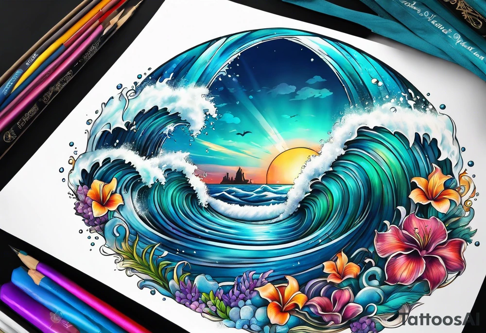 An ocean themed half sleeve with ONLY OCEAN WATER tattoo idea