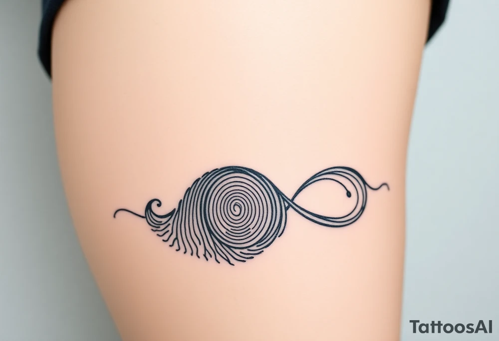 A fingerprint in dark teal and soft gray, shaped into a wave pattern, representing the flow of love over time tattoo idea