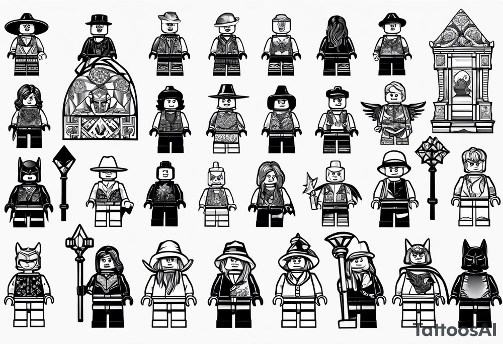 Variety of Lego minifigures traditional style flash sheet tattoo idea