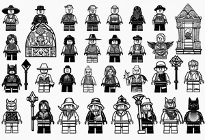 Variety of Lego minifigures traditional style flash sheet tattoo idea