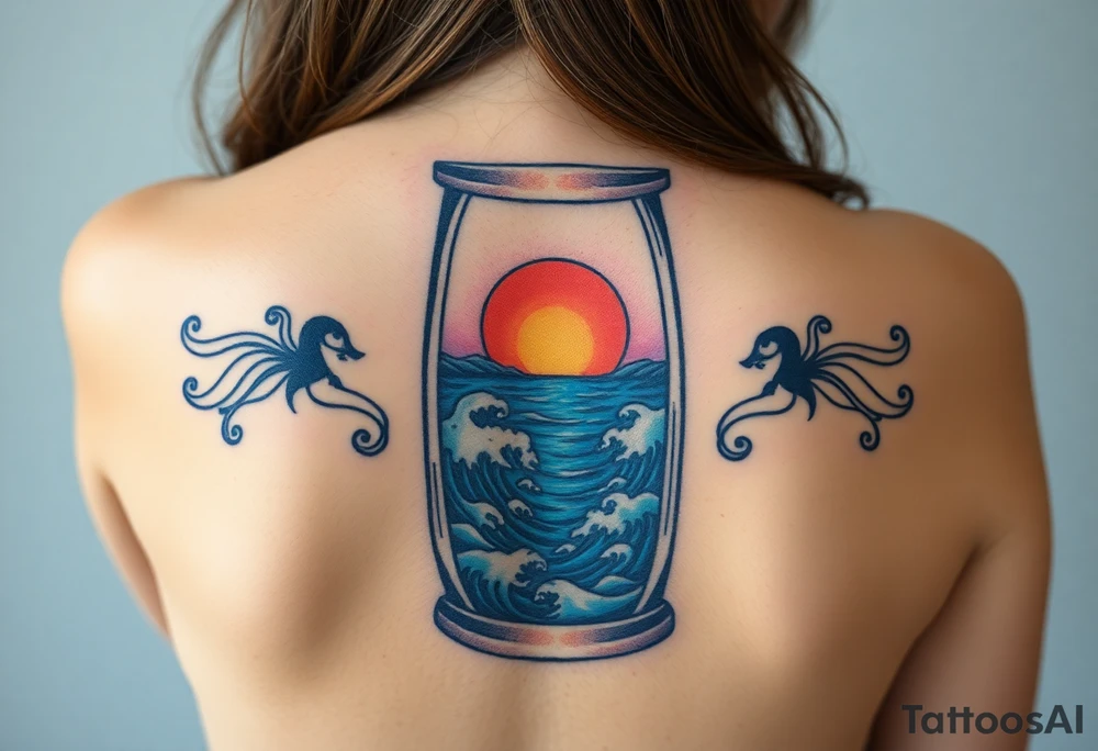 Ocean view from inside of an hourglass tattoo idea