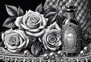 Roses, lace, pearl necklaces, 1950s perfume bottle, 1950s hair bows, 1950s pumps, lipstick tubes tattoo idea