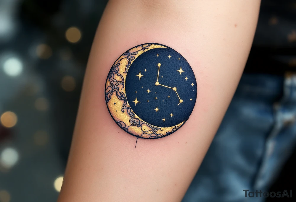 A crescent moon in navy cradles the Cancer constellation in glowing gold ink. tattoo idea