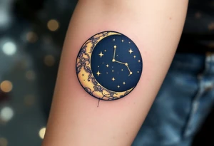 A crescent moon in navy cradles the Cancer constellation in glowing gold ink. tattoo idea