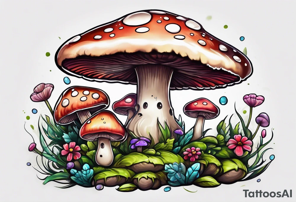 Happy anthropomorphic mushroom tattoo idea